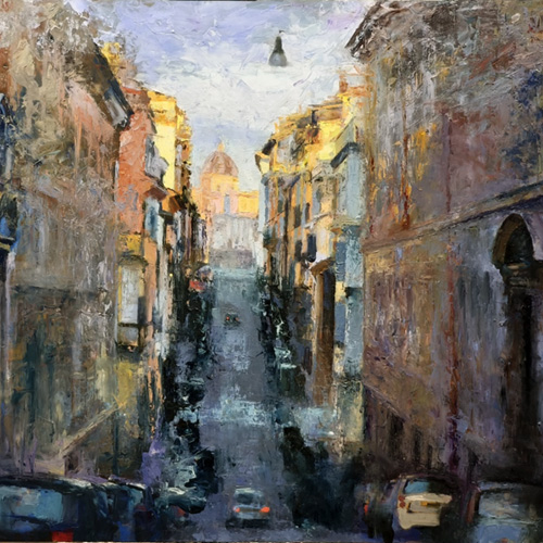 Oil painting on panel, view of Rome, Santa Maria Maggiore seen from Via Panisperna, cityscape by Francesco Farolfi, 2025