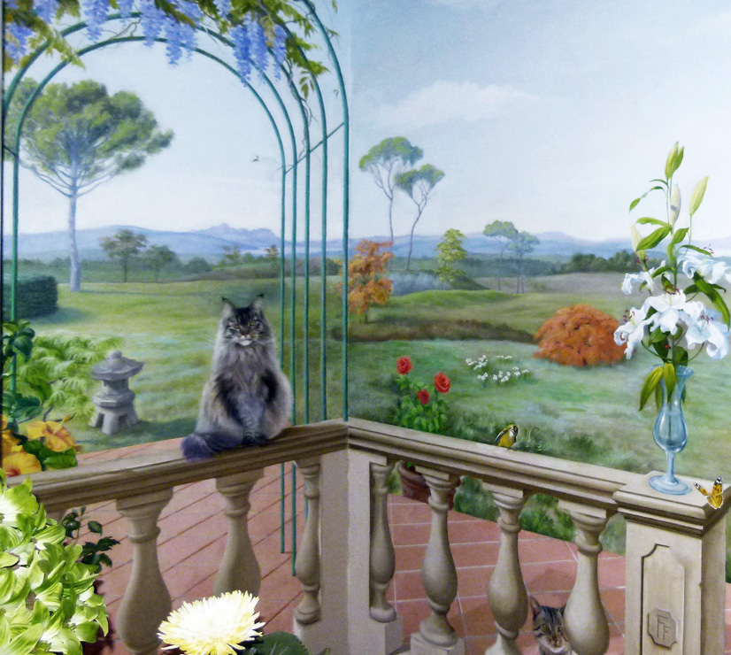 Trompe l'oeil sulle pareti di una cucina, con paesaggio e ritratto di gatto su una balaustra - Firenze 2012