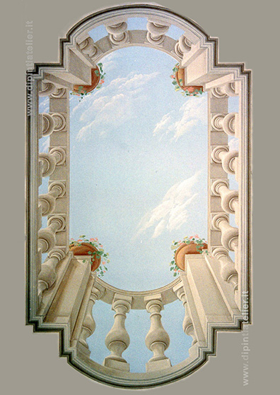 Trompe l'oeil su soffitto con finta terrazza con balaustra